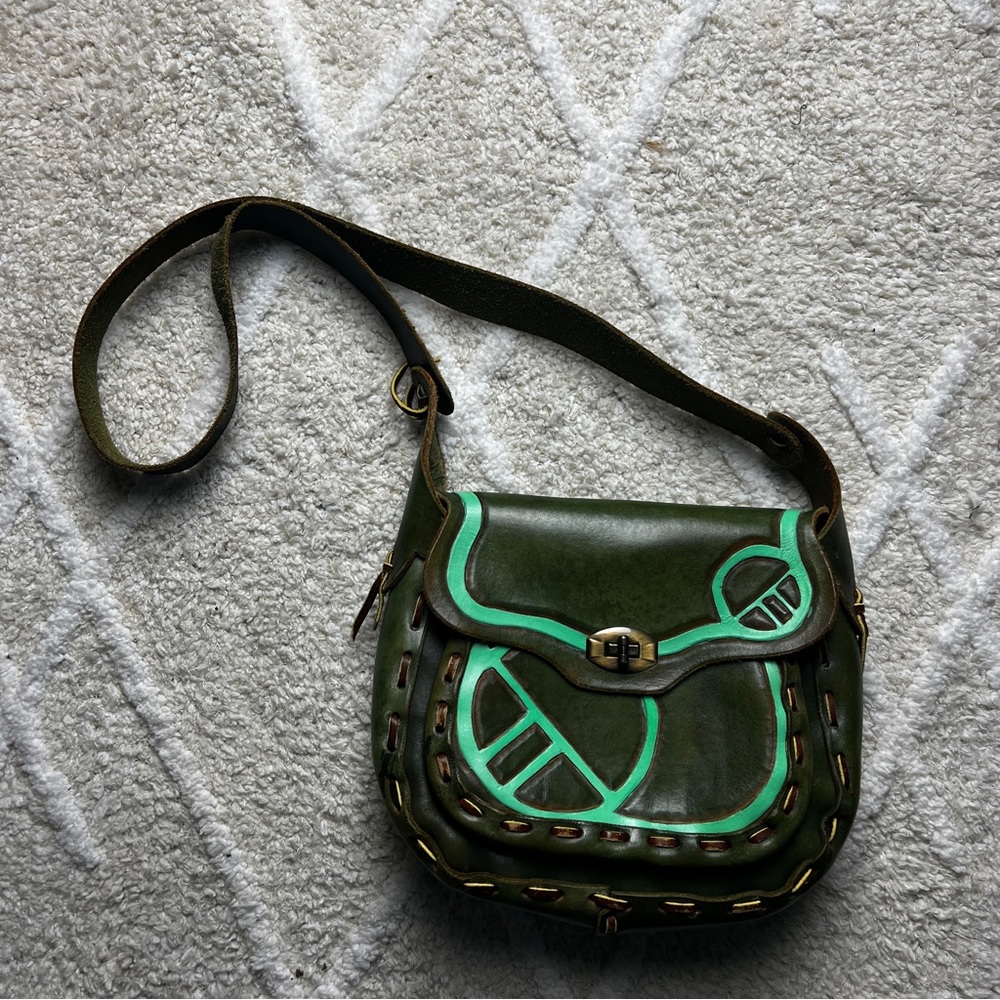 Vintage Hand tooled Green Leather Festival Shoulder Bag